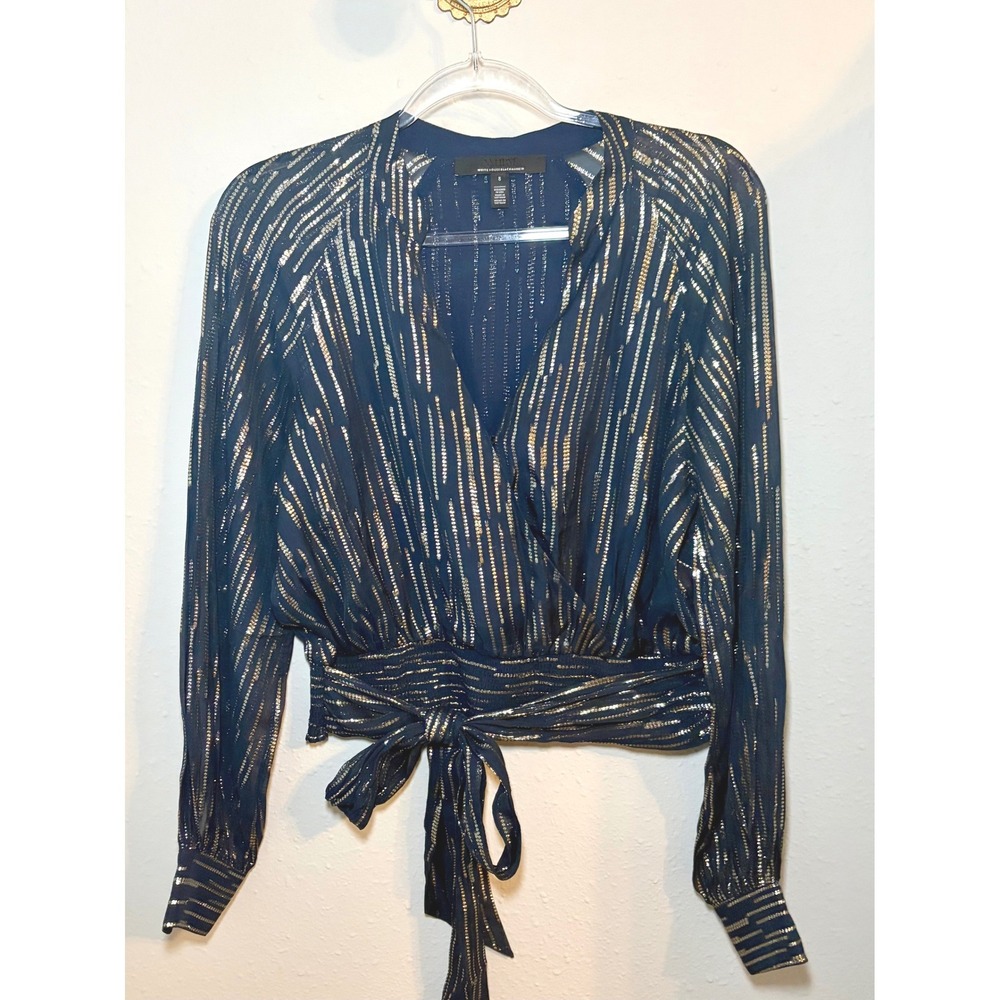 White House Black Market Navy Gold Metallic Stripe Wrap Blouse Top 8 Smocked